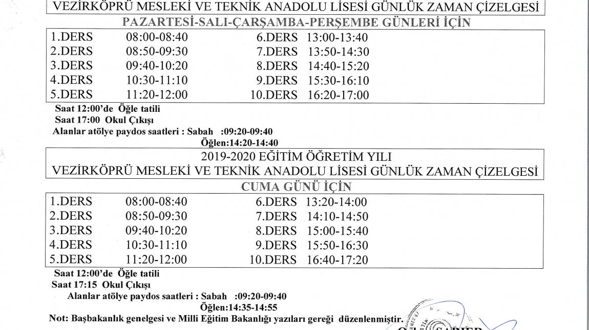 2019 - 2020 EĞİTİM ÖĞRETİM YILI 2.DÖNEM ZAMAN ÇİZELGESİ